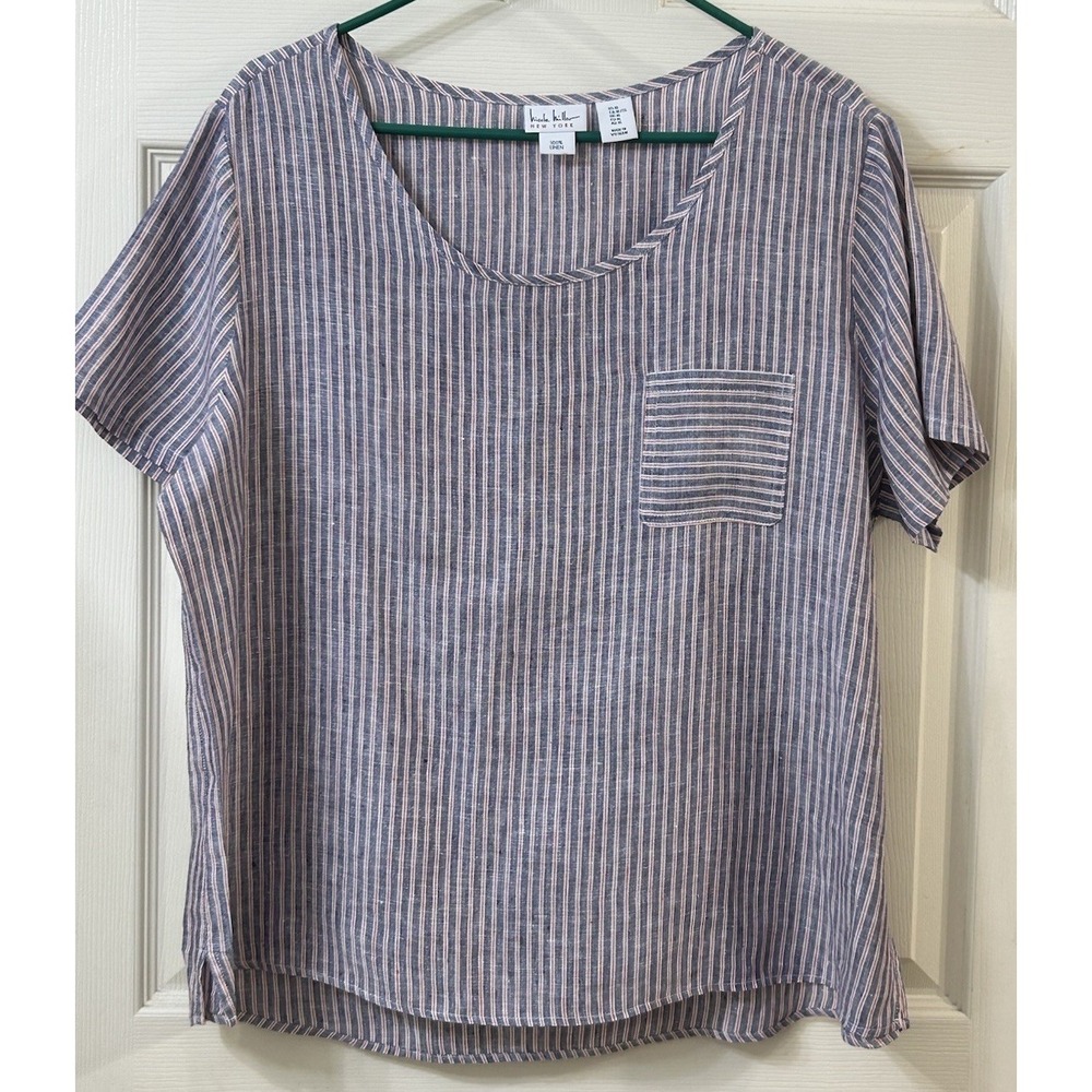 Nicole Miller Linen Top Short Sleeve Blue Red White Stripe XL Hi Low Hem EUC
